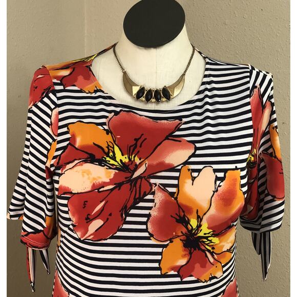 Perceptions Boho Dress Womens 8 Black Floral/Stripe Stretch Lightweight 3/4 SLV - Picture 3 of 10